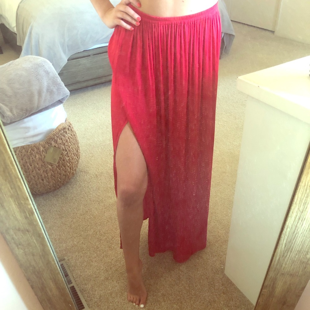 Forever 21 Red Double Slit Silky Maxi Skirt S Flowy Boho Festival Resort